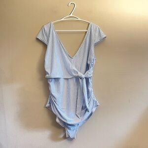 Old Navy Seersucker Blue & White Striped One Piece Wrap Swimsuit w Cap Sleeve